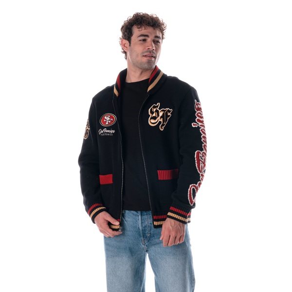 San Francisco 49ers Unisex Jacquard Zip Front Sweater - Black