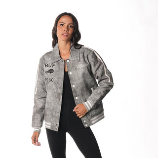 Buffalo Bills Women's Faux Leather Jacket - Grey-Faux Leather Jacket-thewildcollective