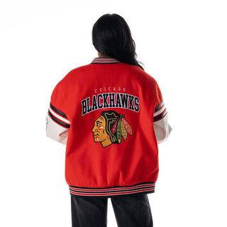 Chicago Blackhawks Unisex Drop Shoulder Varsity Jacket - Red-Varsity Jacket-thewildcollective