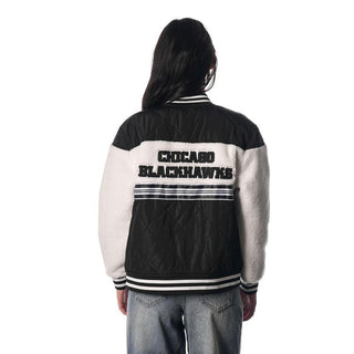 Chicago Blackhawks Women's Quilted Sherpa Bomber - Black-Bomber Jacket-thewildcollective