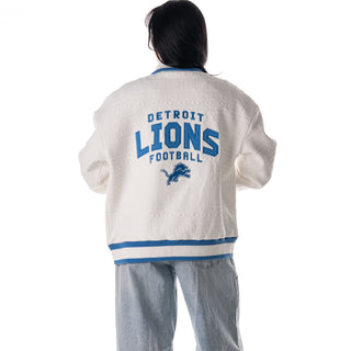 Detroit Lions Unisex Embossed Cable Knit Bomber - Vintage White-Bomber Jacket-thewildcollective