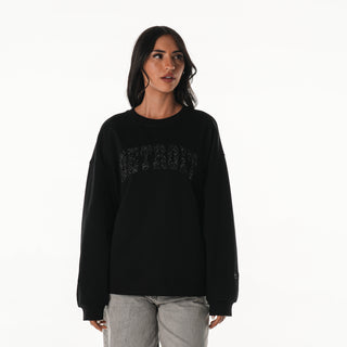Detroit Lions Women's Crystal Rock Crew Neck Fleece - Black-Crew Fleece-thewildcollective