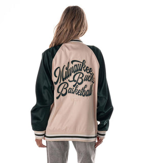 Milwaukee Bucks Unisex Satin Raglan Bomber - Cream/Green-Jacket-thewildcollective