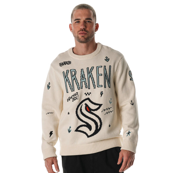 Seattle Kraken Unisex All Over Jacquard Crew Sweater - Cream