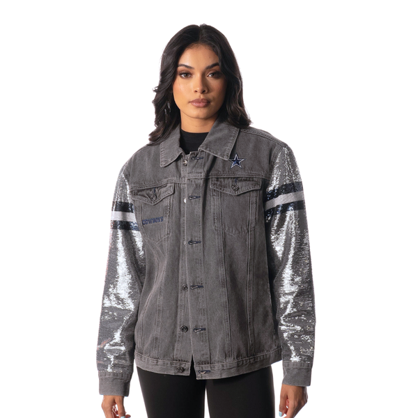 Dallas Cowboys Womens Sequin Sleeve Denim Jacket - Grey