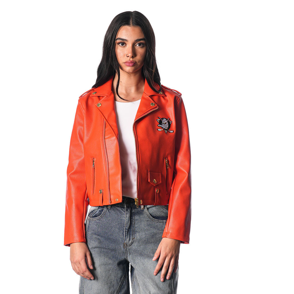 Orange faux leather jacket best sale