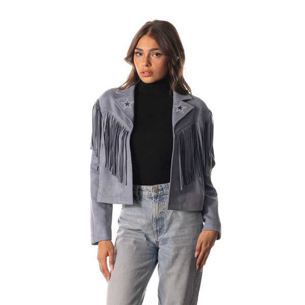 Dallas Cowboys Womens Suede Fringe Jacket - Light Blue