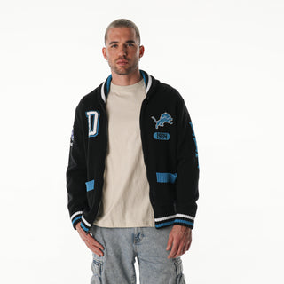 Detroit Lions Unisex Jacquard Zip Front Sweater - Black