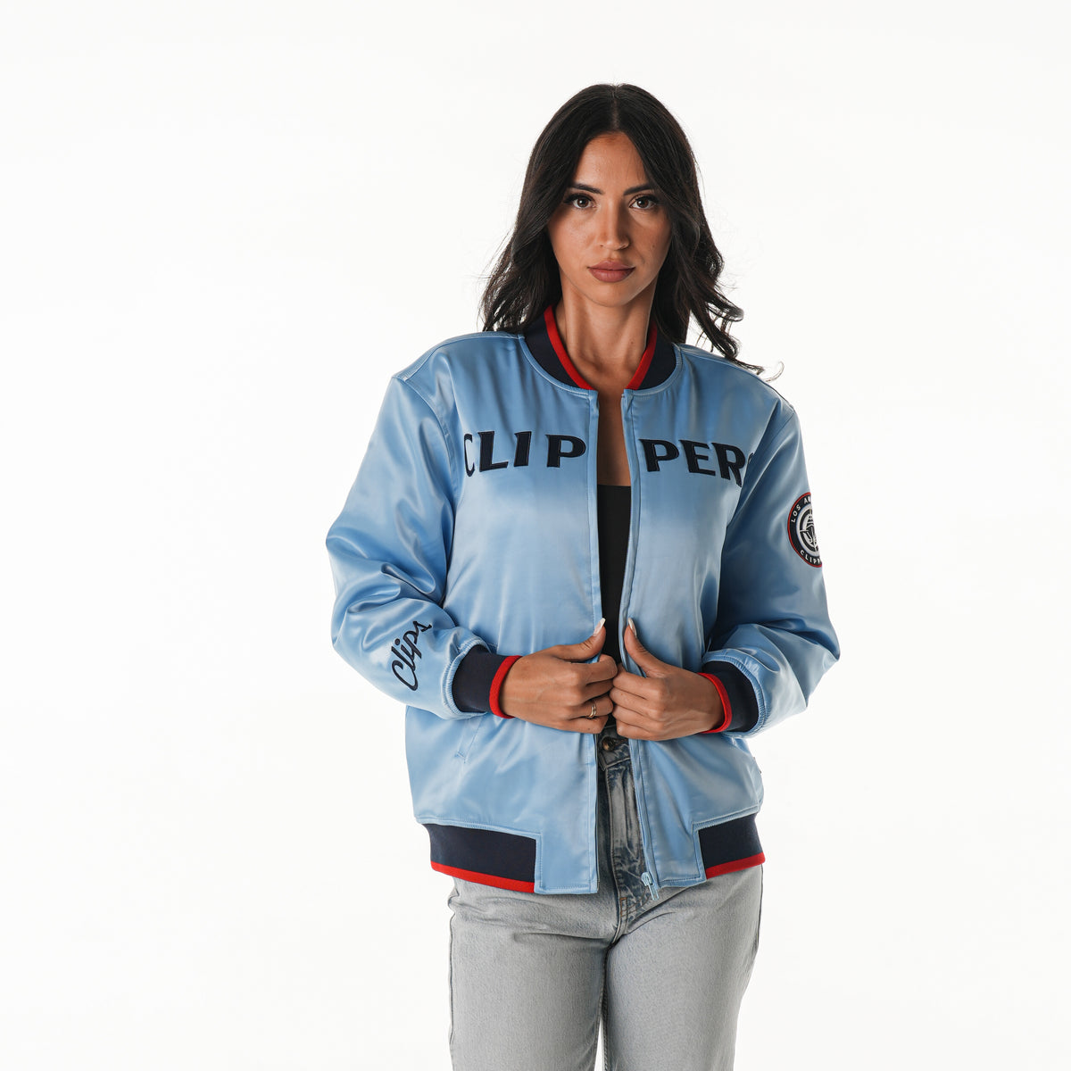 Los Angeles Clippers Women's Satin Bomber W/Pearl Detain - Pacific Blue