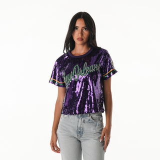 New Orleans Pelicans Women's Sequin Crop Tee -  Purple