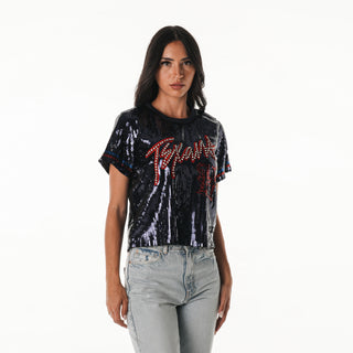 Houston Texans Women's Sequin Crop Tee - Navy