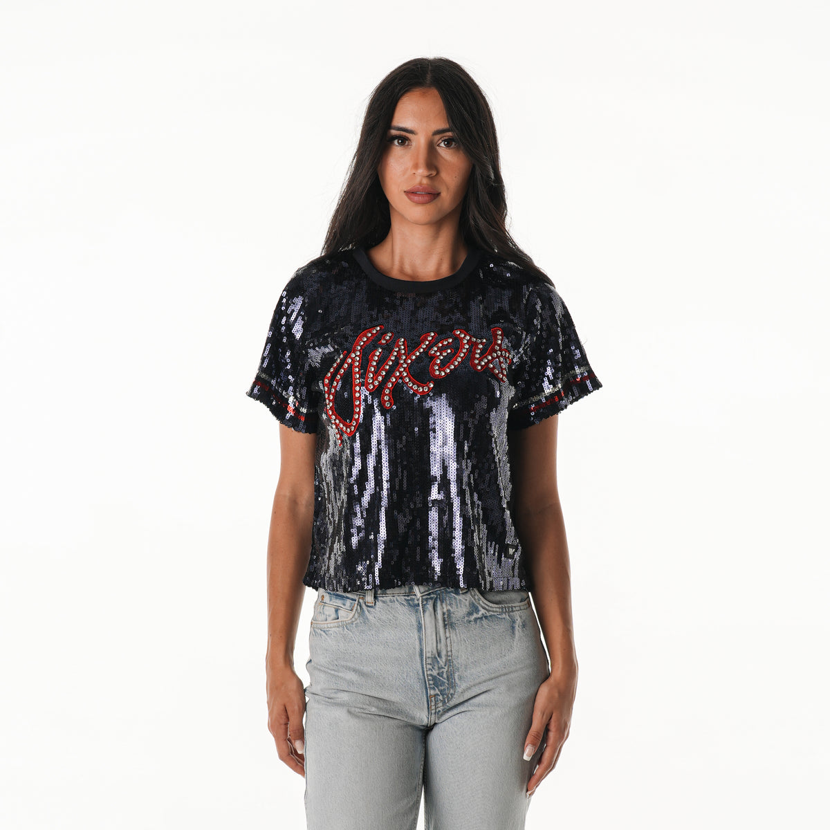 Philadelphia 76ers Women's Sequin Tee w/ Rhinestones - Blue