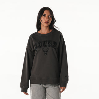 Milwaukee Bucks Women's Oversized Crystal Rock Crew Fleece -  Charcoal