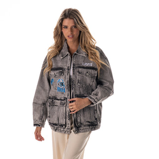 Detroit Lions Women's Denim Jacket w/ Crystal Rock Detail - Grey Denim