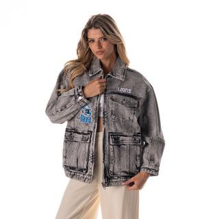 Detroit Lions Women's Denim Jacket w/ Crystal Rock Detail - Grey Denim