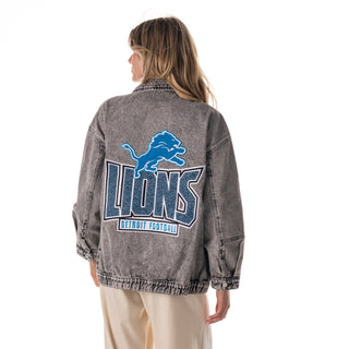 Detroit Lions Women's Denim Jacket w/ Crystal Rock Detail - Grey Denim