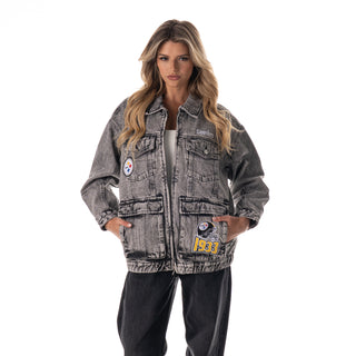 Pittsburgh Steelers Women's Denim Jacket w/ Crystal Rock Detail - Grey Denim