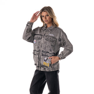 Pittsburgh Steelers Women's Denim Jacket w/ Crystal Rock Detail - Grey Denim
