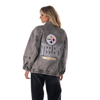 Pittsburgh Steelers Women's Denim Jacket w/ Crystal Rock Detail - Grey Denim