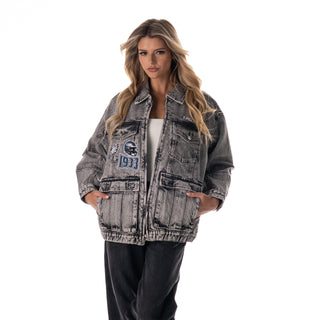 Philadelphia Eagles Women's Denim Jacket w/ Crystal Rock Detail - Grey Denim