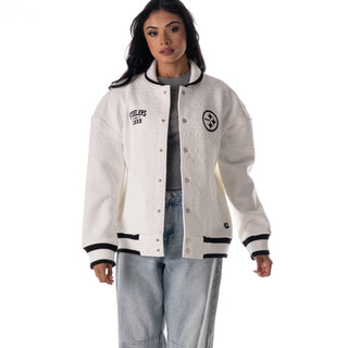 Pittsburgh Steelers Unisex Embossed Cable Knit Bomber - Vintage White
