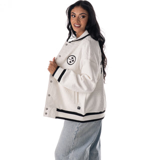 Pittsburgh Steelers Unisex Embossed Cable Knit Bomber - Vintage White