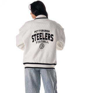 Pittsburgh Steelers Unisex Embossed Cable Knit Bomber - Vintage White