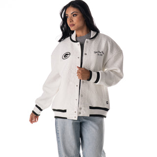 Green Bay Packers Unisex Embossed Knit Bomber - Vintage White
