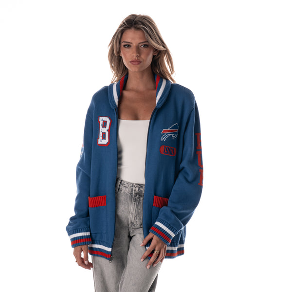 Buffalo Bills Unisex Jacquard Zip Front Sweater - Black