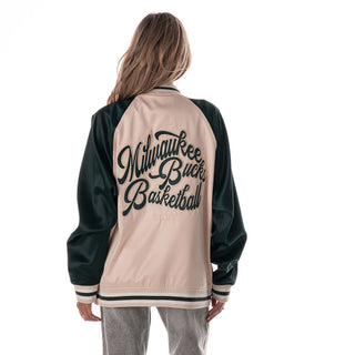 Milwaukee Bucks Unisex Satin Raglan Bomber - Cream/Green