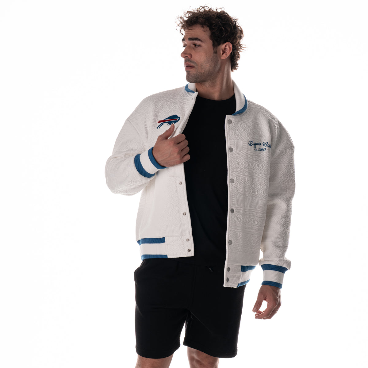 Buffalo Bills Unisex Embossed Cable Knit Bomber - Vintage White
