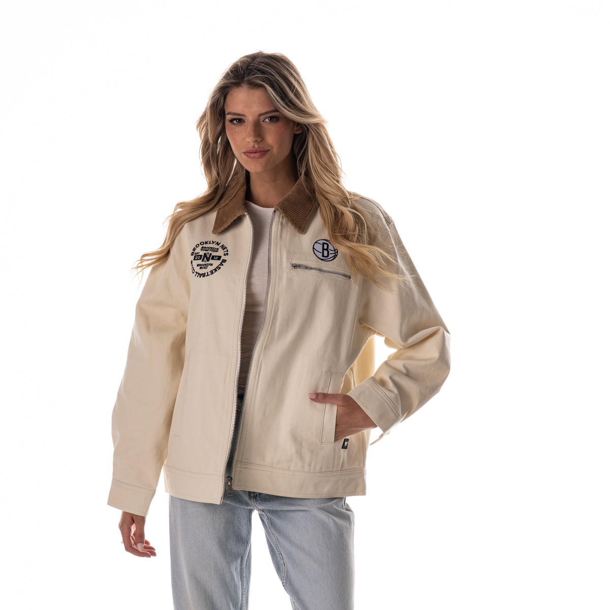 Brooklyn Nets Unisex Denim Zip Front Jacket - Cream