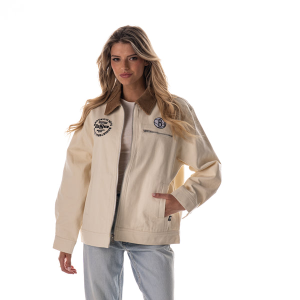 Brooklyn Nets Unisex Denim Zip Front Jacket - Cream
