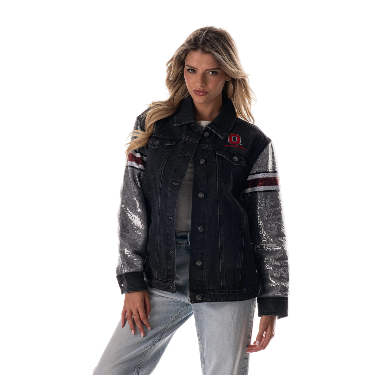 Ohio State Buckeyes Women's Sequin Sleeve Denim Jacket - Black Denim