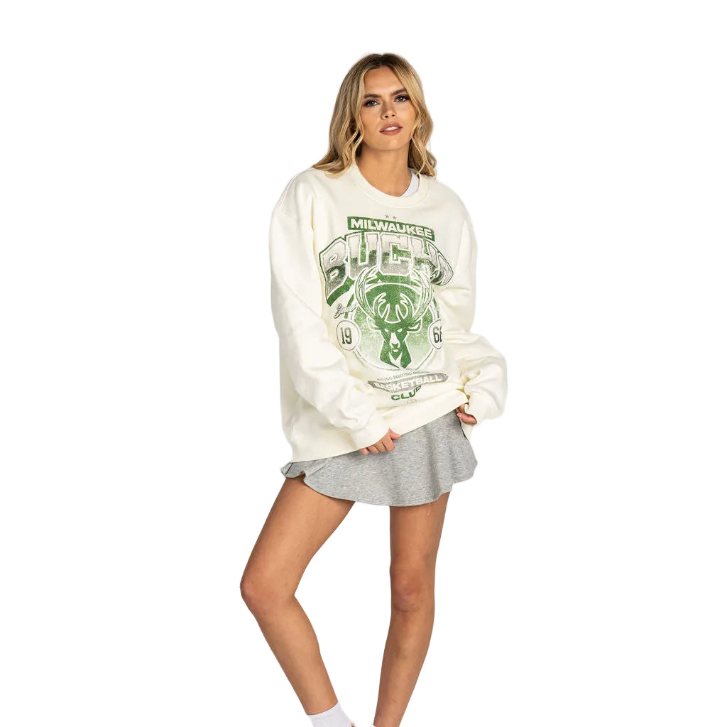 Milwaukee Bucks Oversized Graphic Crewneck - Vintage White