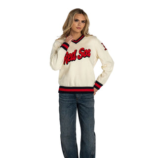 Boston Red Sox Women’s V-Neck Jaquard Sweater - Vintage White