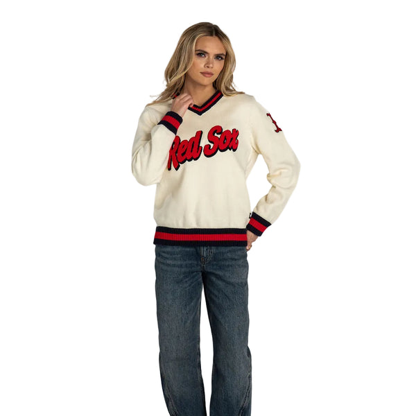 Boston Red Sox Women’s V-Neck Jaquard Sweater - Vintage White