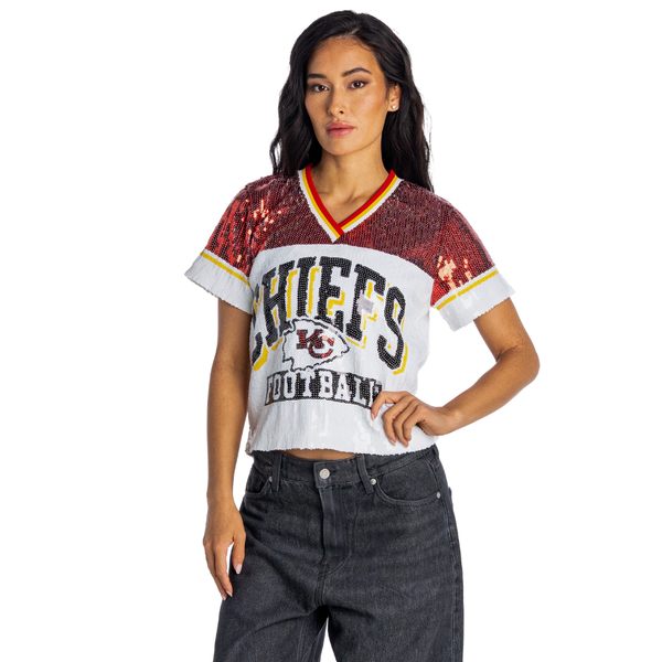 Kansas City Chiefs Women's V-Neck Sequin Top - Red/White