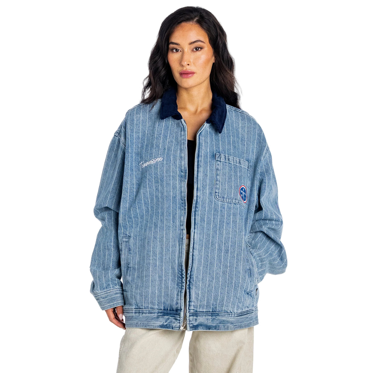 Tennessee Titans Unisex Pinstripe Denim Jacket - Light Blue Denim