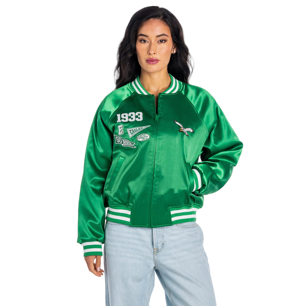 Philadelphia Eagles Women's Satin Raglan Bomber Jacket - Green