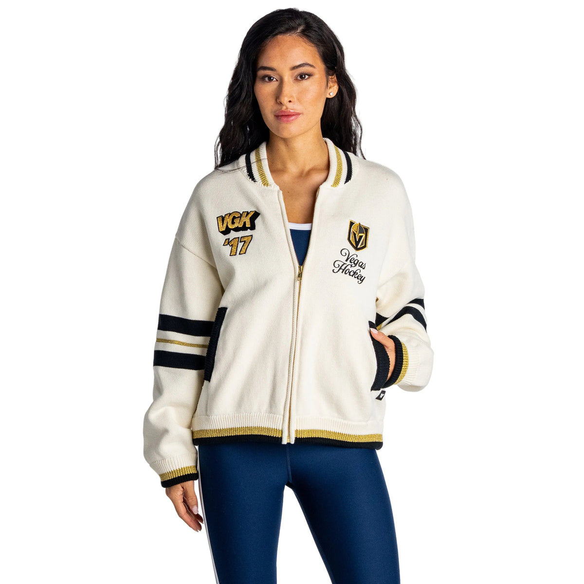 Vegas Golden Knights Jacquard Zip Front Sweater - Cream