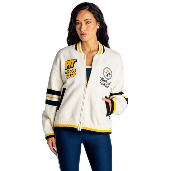 Pittsburgh Steelers Women's Jacquard Zip Front Sweater - Cream