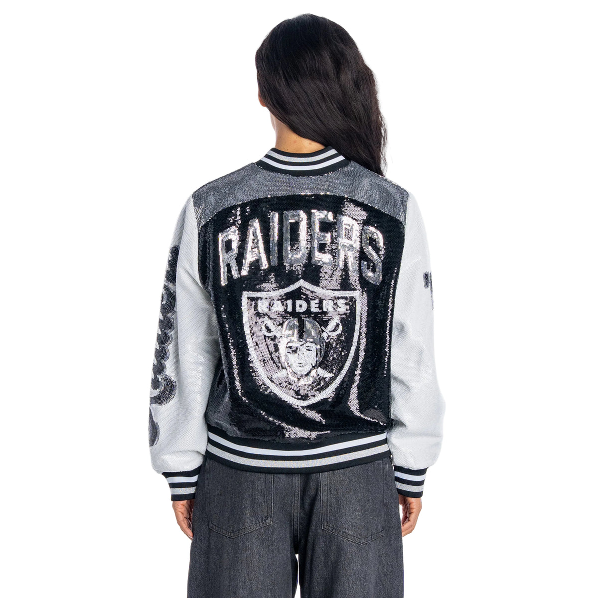 Las Vegas Raiders Women's Sequin Bomber Jacket - Black/White