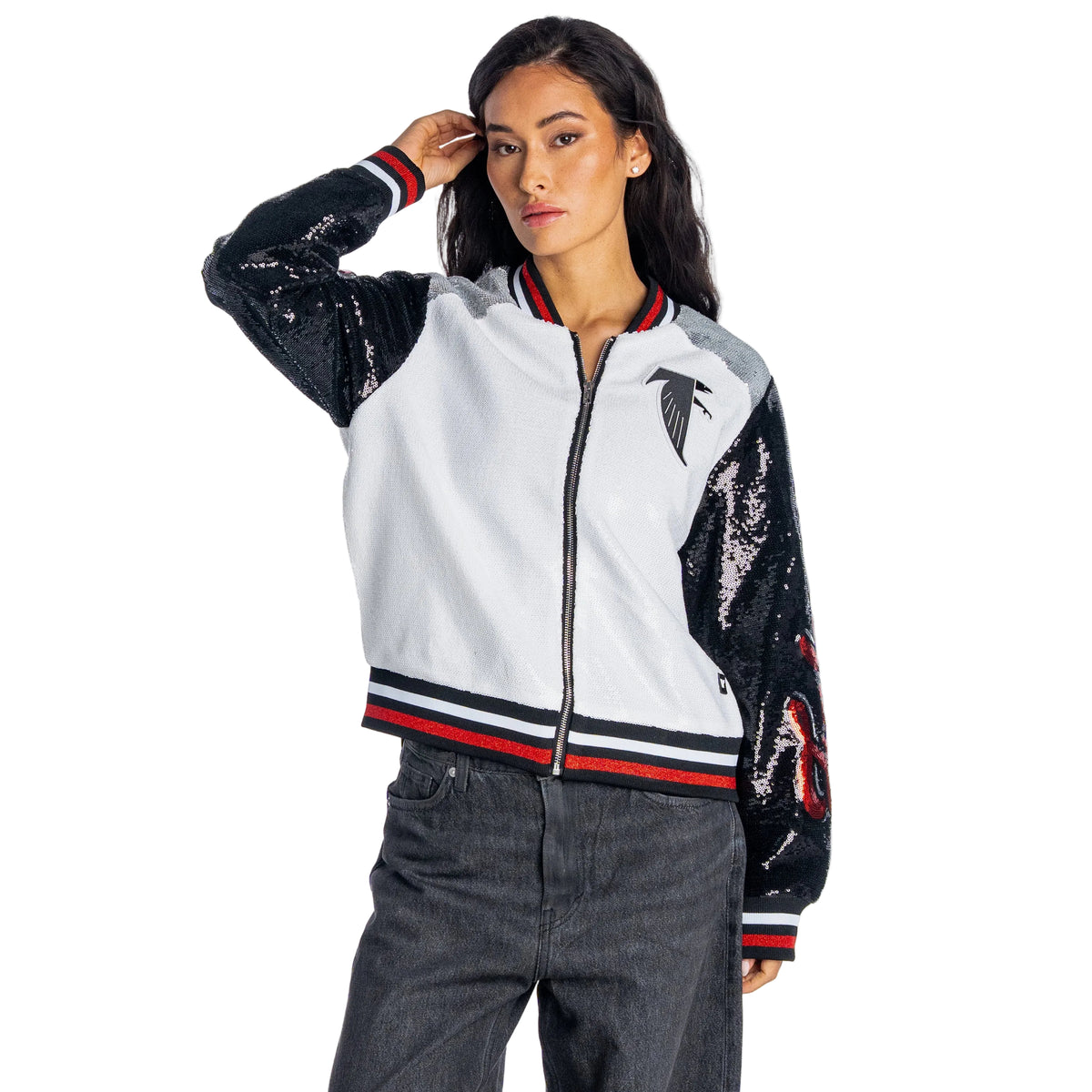 Atlanta Falcons Women's Sequin Bomber Jacket - White/Black