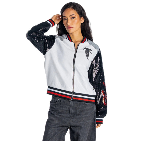 Atlanta Falcons Women's Sequin Bomber Jacket - White/Black