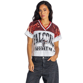 Atlanta Falcons Women's V-Neck Sequin Top - White/Red