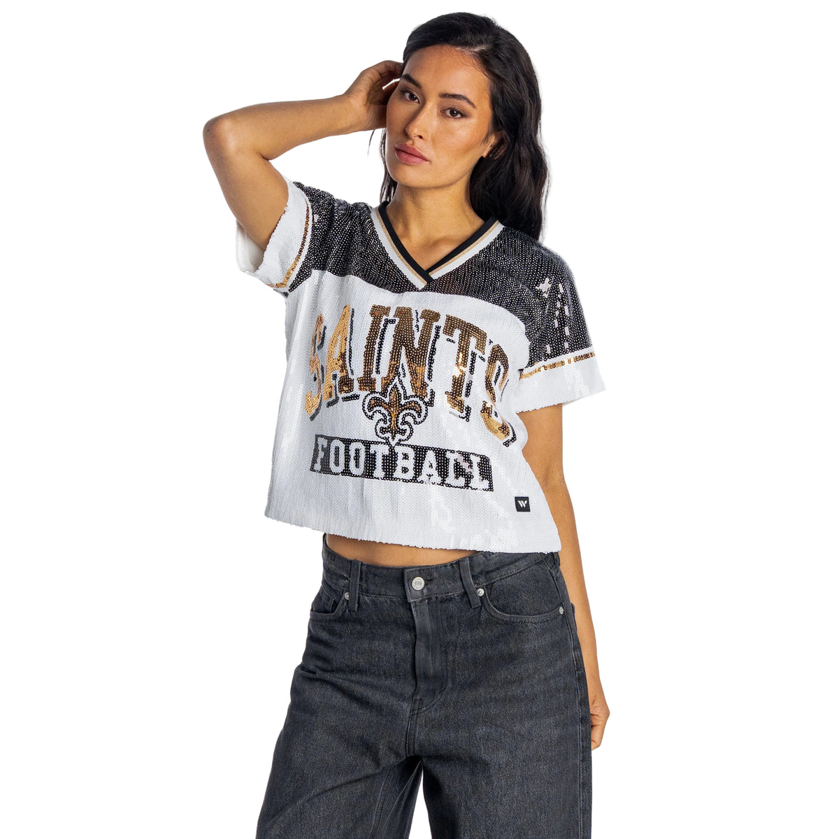 New Orleans Saints Women's V-Neck Sequin Top - White/Black