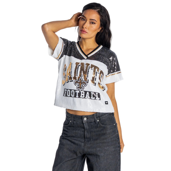 New Orleans Saints Women's V-Neck Sequin Top - White/Black