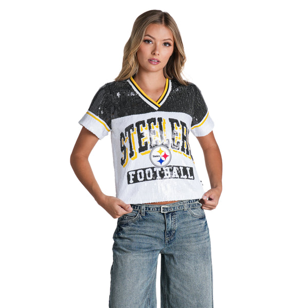 Pittsburgh Steelers Women's V-Neck Sequin Top - Black/White