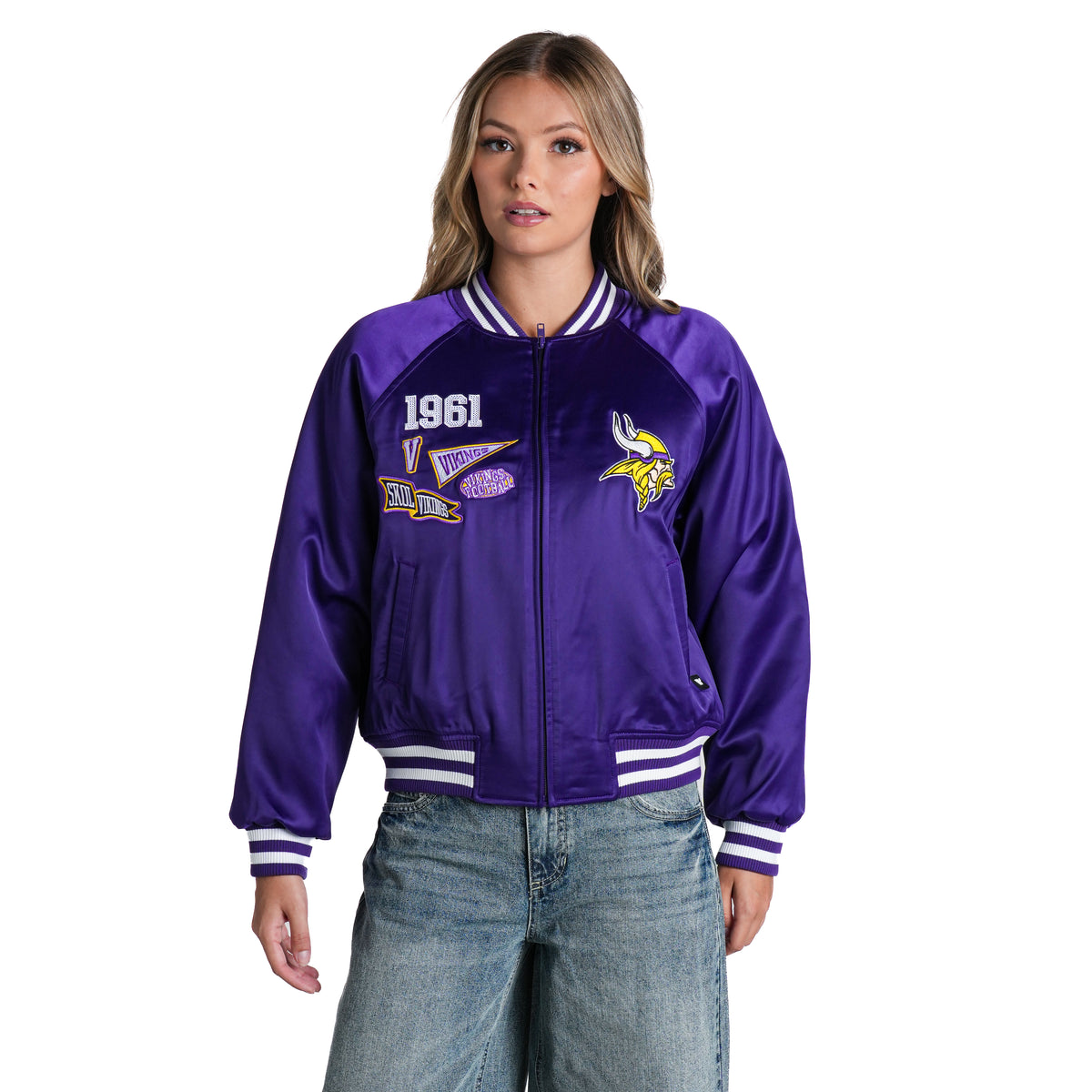 Minnesota Vikings Women's Satin Raglan Bomber Jacket - Purple